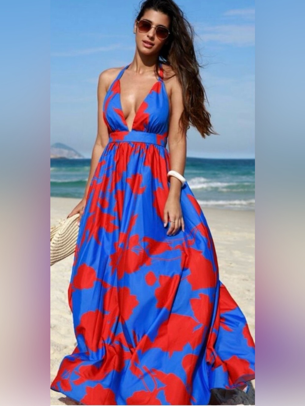 Blue & Red Floral Halter Maxi Dress (L)